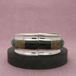 taxco mexico sterling silver vintage onyx lapis hinged bangle bracelet size 7in